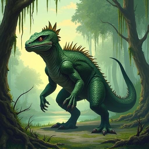 Fantasy game concept art of a 7'2" Sauroid Draconis lizardfolk with moss-green and charcoal scales. Character features an armored dorsal crest, angular snout, amber slit pupils, serrated teeth, and scarred musculature. It has webbed limbs, nictitating membranes, and a frilled crest. The character is adorned with bone trophies and pouches, has a coiled armored tail and extended claws. Environment is a swamp at dawn with cypress roots and hanging moss, featuring a nearby carcass and loot pile on a plateau.