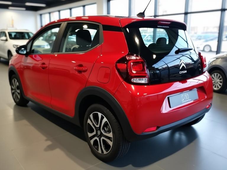 Citroën C1 2026 model in red two-tone with black roof displayed in a showroom setting