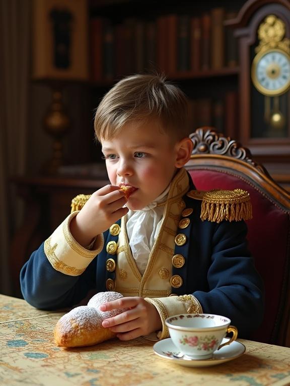 A young boy dressed in a gold-buttoned military coat sits in an ornate chair. The room features early 19th-century decor. Soft light comes from the windows. The boy bites into a pastry while sitting at a table with war maps. A silver coffee cup is nearby. His expression is calm and thoughtful. Bookshelves and a pendulum clock decorate the background.
