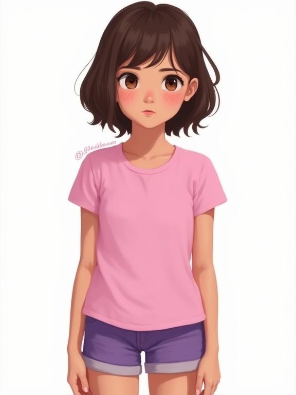 Teen girl stands with a simple graphic novel style. Wearing a pink top and purple shorts. Brown hair styled in a bob and brown eyes. No background details. Focus is on the character.