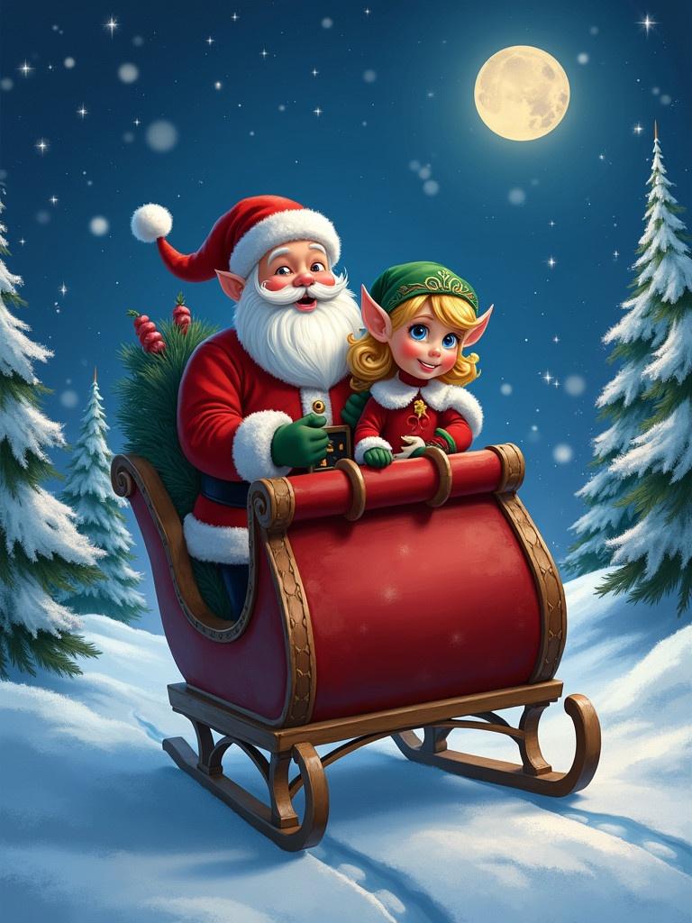 Sleigh ride with Santa Claus on Christmas Eve. Girl elf with blue eyes in festive outfits. Snowy landscape with evergreen trees. Moon in the background.