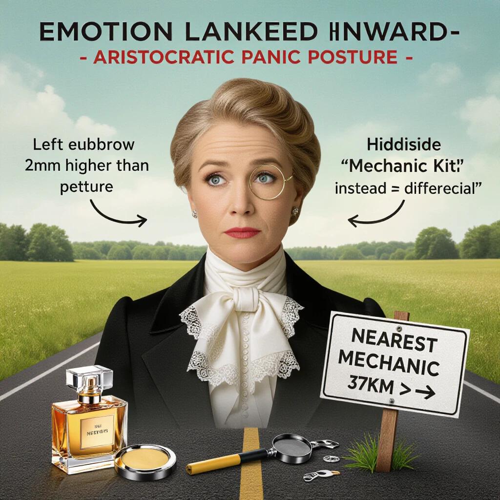 Woman stands against a scenic background. She wears formal clothing. There is an elegant perfume bottle and a mechanic's sign in the scene. The sign indicates the nearest mechanic is 37 kilometers away. The posture suggests aristocratic panic. Facial details imply concentration. A spilled perfume vial forms a question mark near the differential.
