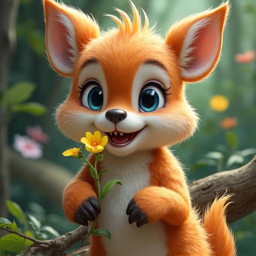 A cheerful cartoon fox with big eyes and orange fur, holding a flower. Set in a vibrant forest full of flowers, conveying a sense of joy and friendship.