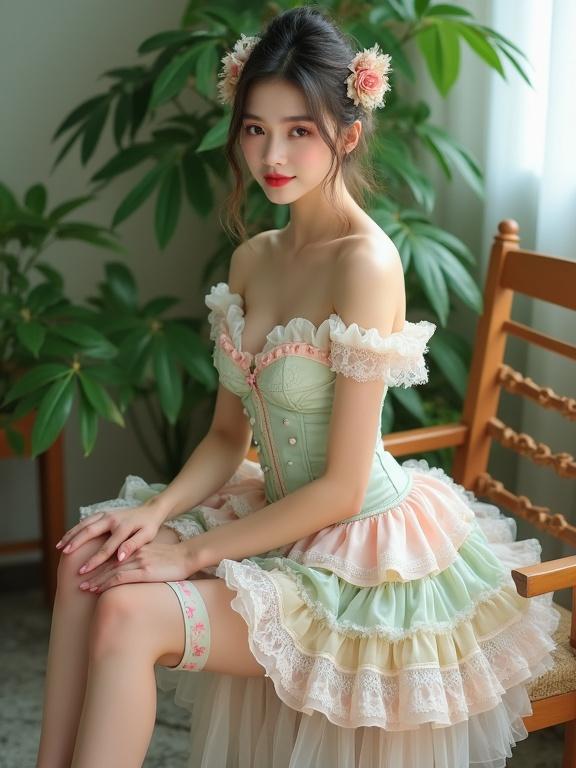 Full body shot of a lady in a pastel-colored frilly outfit. She sits gracefully, with serene expression. The outfit includes a corset top with lace and frills. She combines soft colors like pink, cream, and mint green. A full white lace skirt adds vintage charm. Hair is tied elegantly. Pale pink stockings and garter belts accentuate her legs. Soft light highlights frills and lace. Room has greenery creating a lush feel.