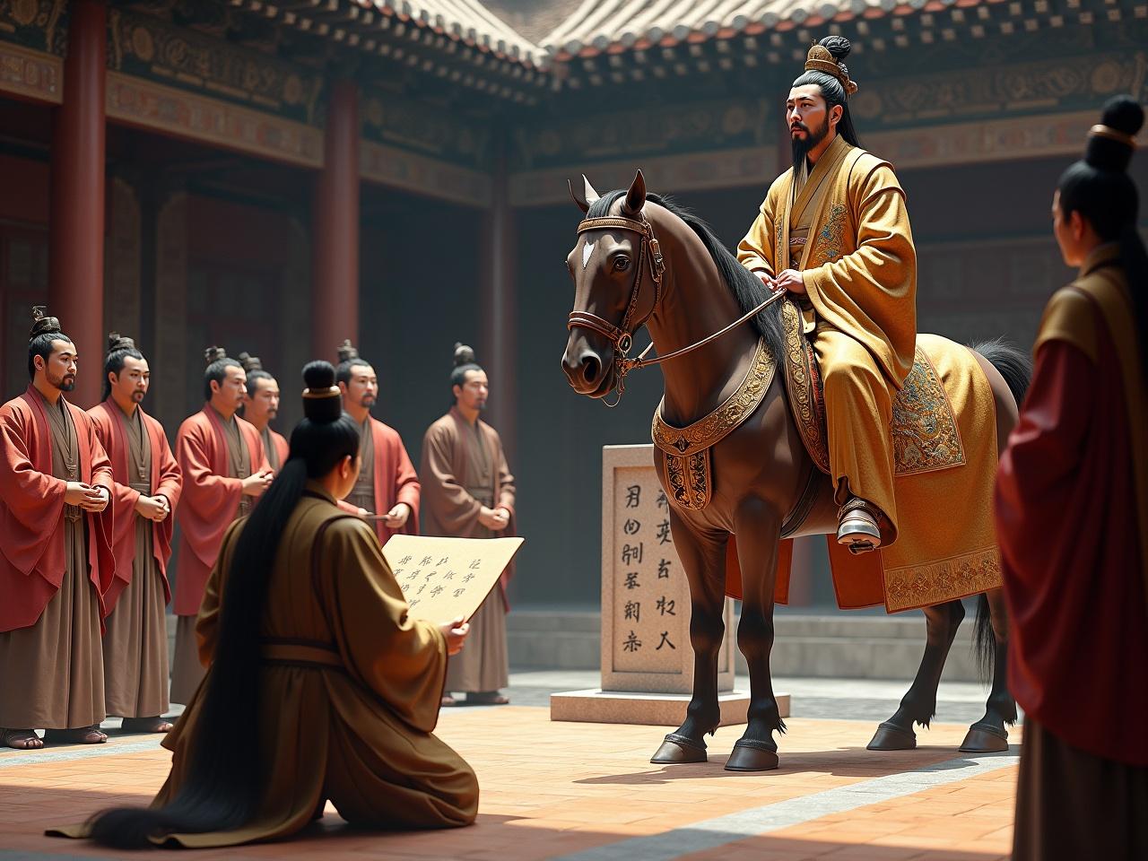 Generate a hyper-realistic photo capturing a pivotal moment in ancient Chinese history. On the left, Zhang Qian kneels, holding a bamboo board with both hands. His eyes are fixed on the board with a respectful expression as he faces Emperor Wu of Han, who sits atop a majestic horse. Zhang Qian’s robe in earthy tones complements his neatly groomed scholar’s beard. Beside him, male attendants in muted red and deep brown Han dynasty robes stand respectfully, reflecting their modest status. The emperor, with sharp features, adorns a luxurious golden robe with intricate dragon embroidery and a ceremonial crown. Surrounding him, attendants in vibrant red and gold robes maintain a calm demeanor. One attendant holds a square imperial canopy, enhancing the scene's regal atmosphere. In the center, a stone stele with inscriptions adds historical depth. The background features a grand palace, with intricate wooden pillars and tiled roofs visible, and the lighting is soft yet dramatic.