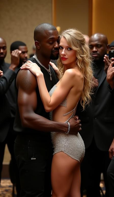 A crowded hotel room scene featuring a couple. The woman has long light blonde curly hair and wears a shiny silver bodycon dress. The man is muscular and in a black leather vest. They appear close together. The atmosphere is lively and filled with onlookers. She looks disoriented and intoxicated. The angle captures their full body in the foreground with others surrounding.