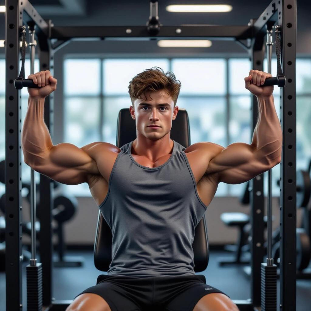Image of a massively muscular individual in a fitted tank top perform chest fly exercise on pec deck machine. Arms extended outwards gripping padded handles. Visible cables connecting to weight stack. Correct hand placement. Emphasizes muscular definition. Gym environment with mirrors and equipment in background.