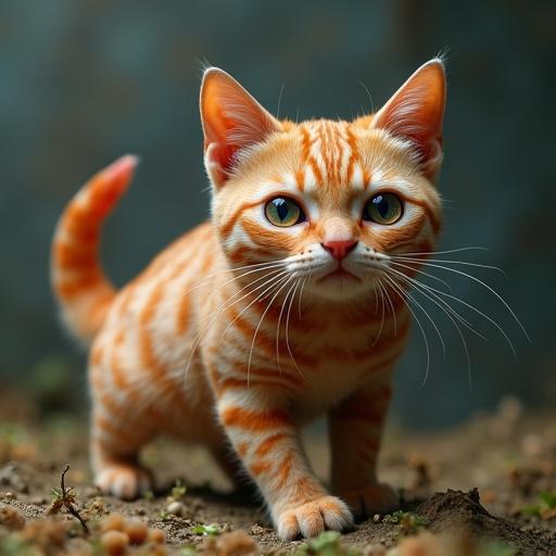 A surreal creature that is a perfect hybrid between a cat and a shrimp. The creature features a fluffy orange body resembling a cat and shrimp-like appendages. It appears playful and whimsical, situated on a soft earthy background with gentle colors. The lighting is warm and inviting.