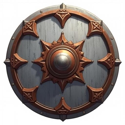 Icon of a round long shield designed for a card game. Gray and brown colors dominate. Size is 48 x 48 pixels. Style emulates World of Warcraft. The background is transparent.