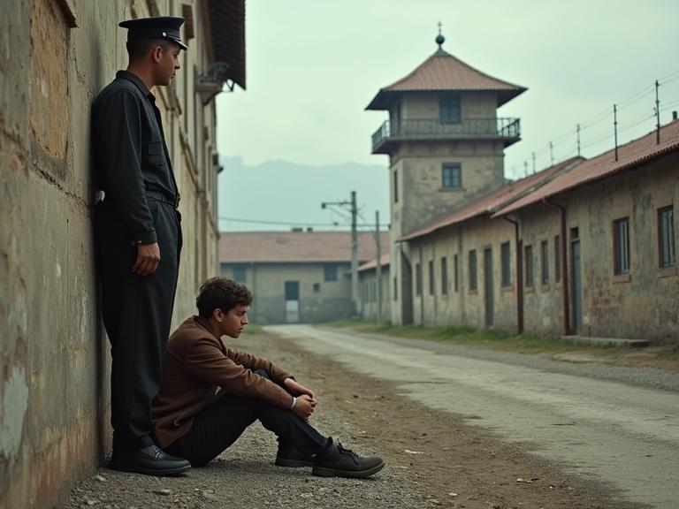 Photorealistic image depicting a young man sitting against a wall in a Turkish prison yard. A prison guard stands tall nearby. The scene conveys a sense of hopelessness and tension.