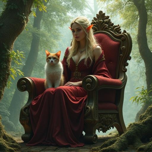 Elf queen sitting on a grand throne. Cat sitting beside her. Fantasy forest kingdom as background.