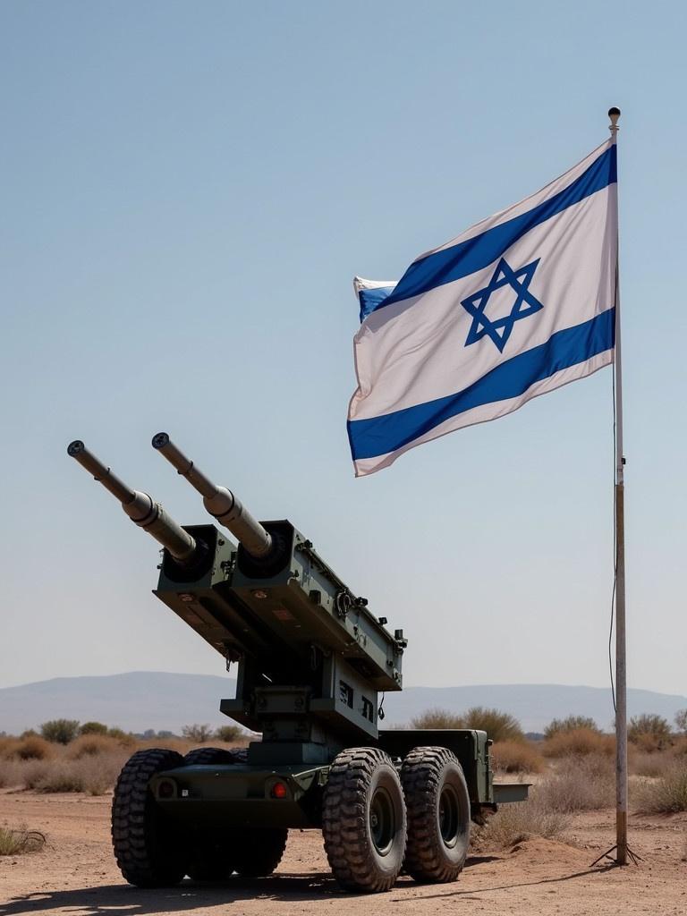 Image of anti-aircraft missiles with Israeli flag in the background. The scene is set in a desert environment with a clear blue sky.