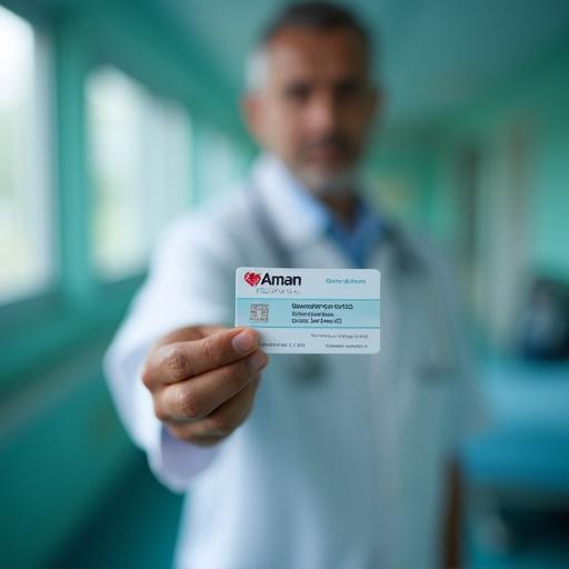 Person in a hospital environment holding an Aman Medical card for discounts