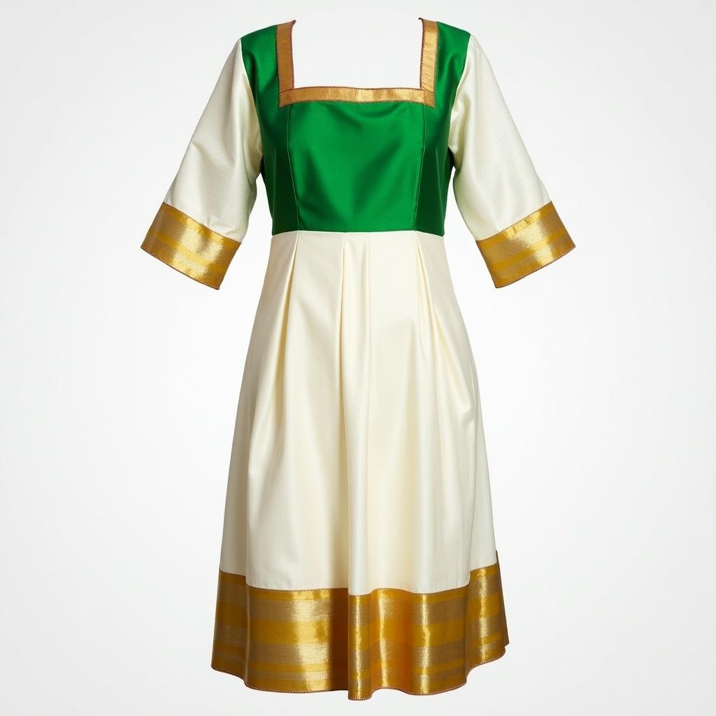 This image showcases a South Indian style frock made of luxurious silk. The dress features quarter sleeves and a square neckline, with a vibrant green bodice. The skirt is predominantly white, complemented by golden stripes along the bottom. This elegant garment is perfect for cultural events or festive occasions. The combination of green, white, and gold creates a striking visual appeal that reflects traditional craftsmanship.