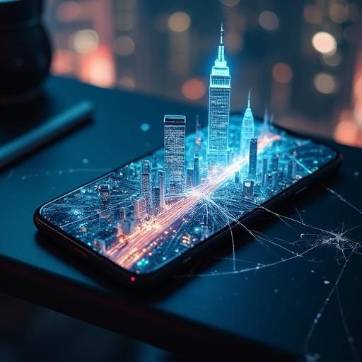 A smartphone lies on a desk. The screen is cracked. Glowing city streets and skyscrapers are visible through the cracks. Cars and drones move within the phone. The illusion is only visible at the cracks. The scene features cinematic lighting.