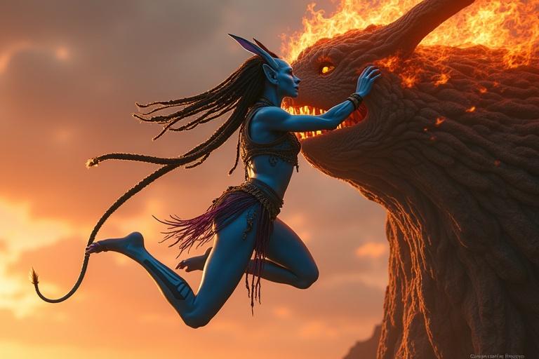 Na’vi female leaps from cliff soaring upward toward flaming Toruk. She climbs along its neck barefoot. Radiant blue skin glows under fiery sky. Dark bioluminescent stripes shimmer. Athletic figure shows strength. Long tail balances her climb. Golden eyes connect her to the moment. Black braids whip in wind as she wears torn netted chest covering and tasseled loincloth.