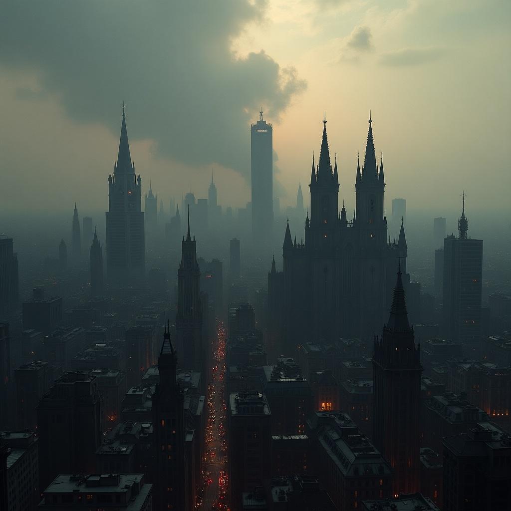 Cityscape resembling a fantastical version of Brussels. Dark and moody atmosphere. Foreboding skyline with gothic architecture. Hazy background adds mysterious feel. Lights of the city visible in fog.