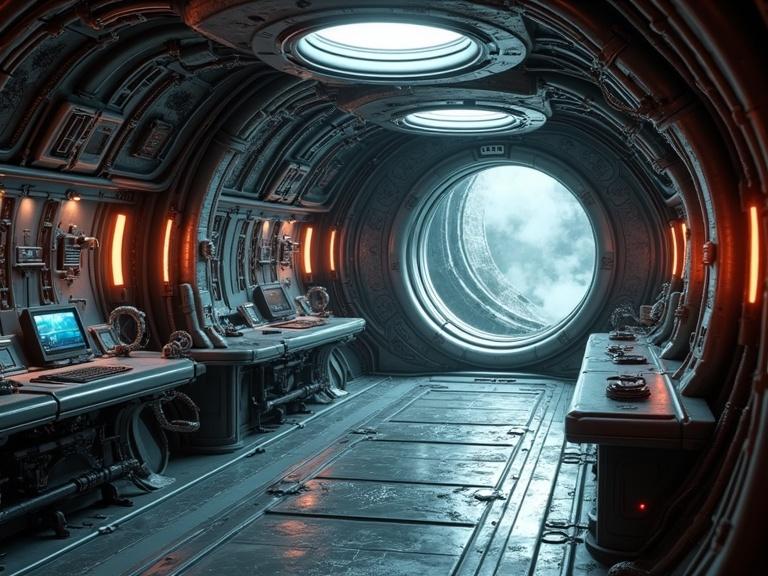 Interior of a futuristic alien spaceship bridge. Dark metallic and organic design. Flexible metal pipes and monitors. Reddish orange LED lights and steam. Round window revealing an alien scene.