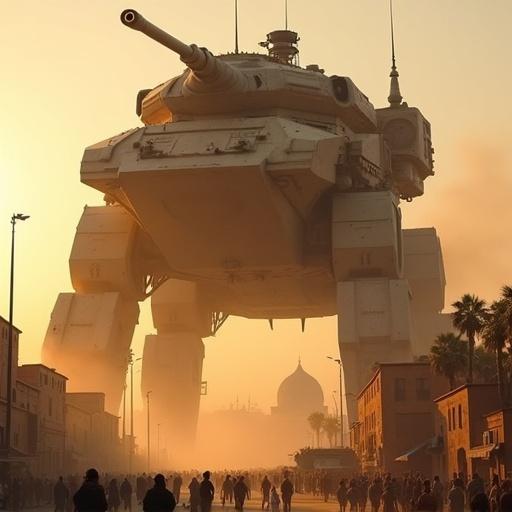Massive futuristic tank stands tall with heavy armor. Towering over historic adobe buildings of Kerman. People below gaze in awe or fear. Dust from the tank’s movement creates tension. Warm golden-orange sunset casts long shadows.