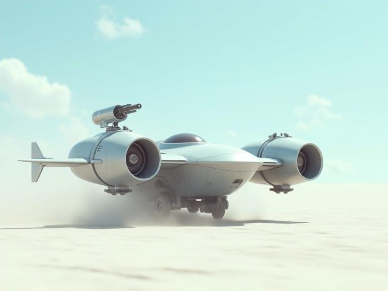 Cinematic image of a small light grey sleek specular sci-fi military hover drone. Features two round Dyson engines and a small minigun. Set in a white desert with dust blowing under a blue sky with clouds. Highly detailed with textures and realistic shadows.