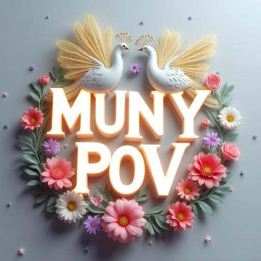 A decorative name sign in whimsical pastel art style. The name 'MUNY POV' in luminous white script. 3D letters adorned with detailed peacocks with white, yellow, green wings and gold outlines. A floral wreath with pink tulips, white daisies, red roses, and purple blooms. Blue and pink star-shaped decorations against a light gray backdrop. Soft, diffused lighting enhances the magical atmosphere.