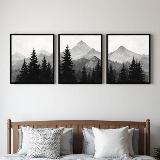 Three framed canvas prints depicting abstract mountain and forest landscapes. Each print showcases different mountain views in black and white. Wall decor designed for a bedroom or office. Ready to hang, providing a serene atmosphere.