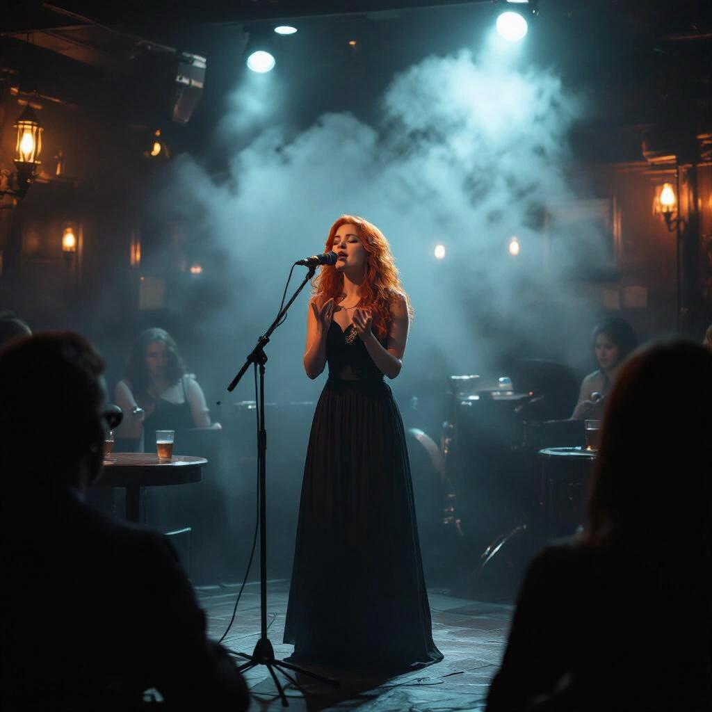 Distant view with small figure singing on dark smoky pub stage. Red-haired Irish girl artist in stunning black dress. Intimate live performance atmosphere.