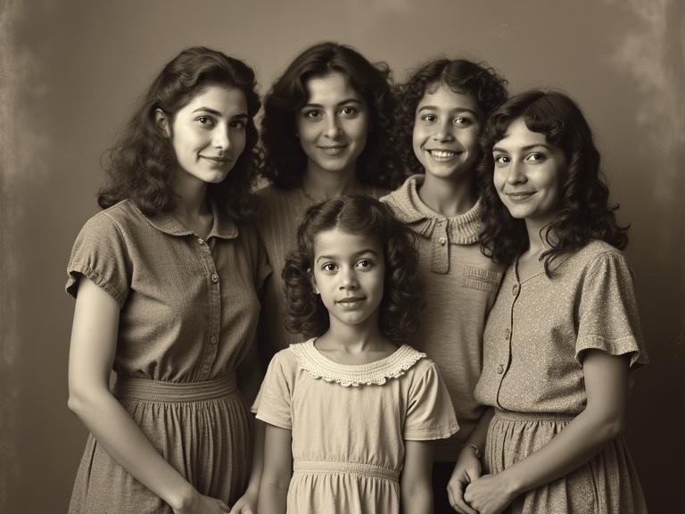 Photograph of an old Mexican family from the 1930s with quality imperfections. Five people looking seriously at the camera with sad expressions.