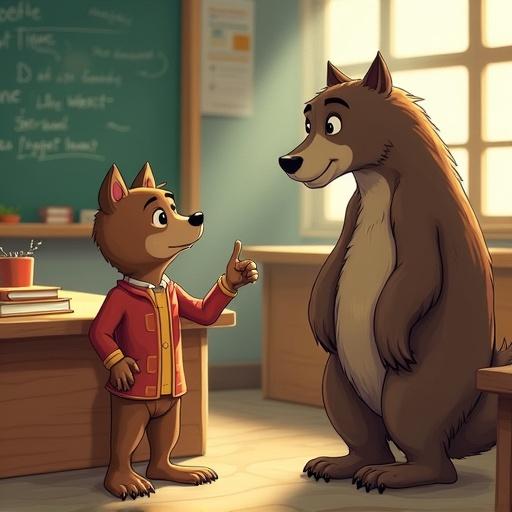 In a classroom setting, a Wolf character points at Lulo the Bear, who is barefoot. The Wolf is mocking Lulo, making fun of his lack of shoes in a friendly manner. The classroom has a warm and inviting atmosphere with a blackboard behind them.