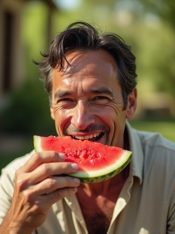 Cinematic still showing a middle-aged man eating watermelon outdoors. Olive-toned skin and dark hair. Wears unbuttoned linen shirt. Watermelon juice on fingers and chin. Visible joy in expression. Softly blurred rustic backyard background. Summer sunlight filtering through trees. Shot with RED Dragon 6K and 85mm lens. Features three-point lighting, highlighting cheekbones with soft shadows. Rich color grading enhancing warm skin tones and deep red watermelon. Atmospheric haze and immersive details.