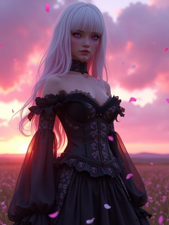 A pale-skinned girl with long white hair wears an ornate gothic black dress. The dress has an off-shoulder design and intricate floral patterns. The scene is an outdoor sunset with pink and purple skies. Petals fall around her, creating a dreamy atmosphere.