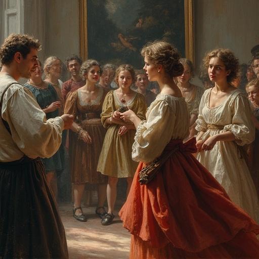 Historical scene featuring elegantly dressed individuals gathered for conversation in a richly decorated setting.