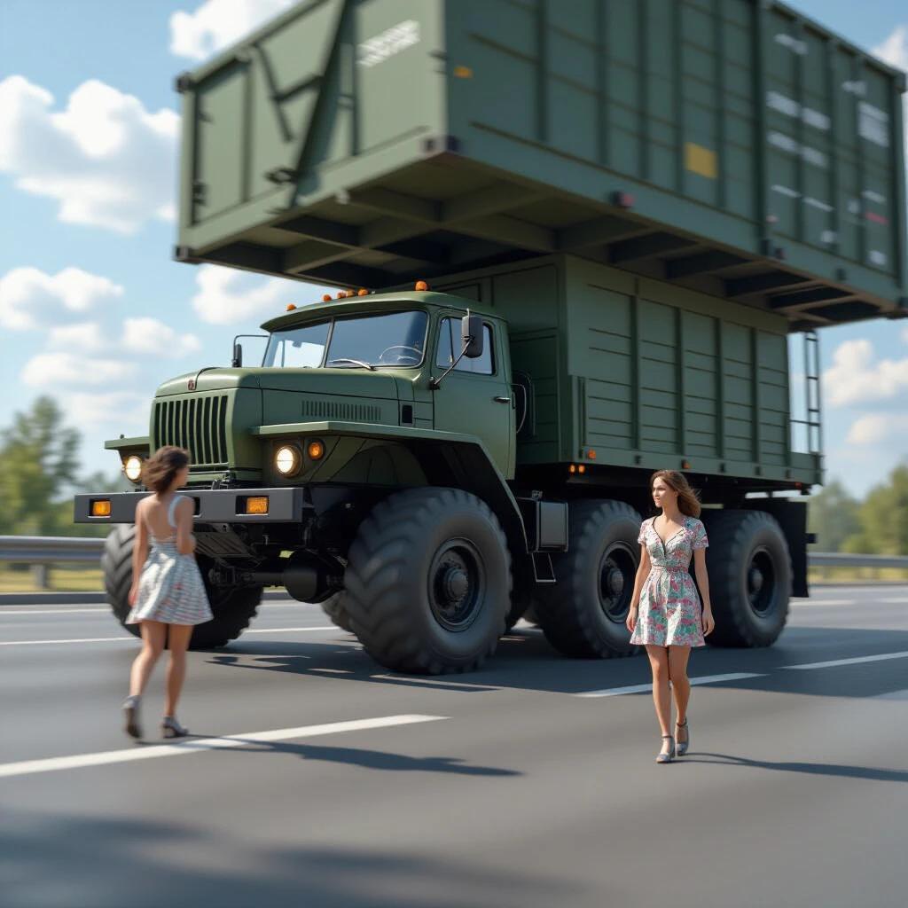 A huge Soviet military truck with oversized wheels speeds down the street. Two women in dresses are walking nearby, gazing at the truck. The scene captures the intensity of motion with blurred truck wheels. Realistic and detailed setting under a bright sky.