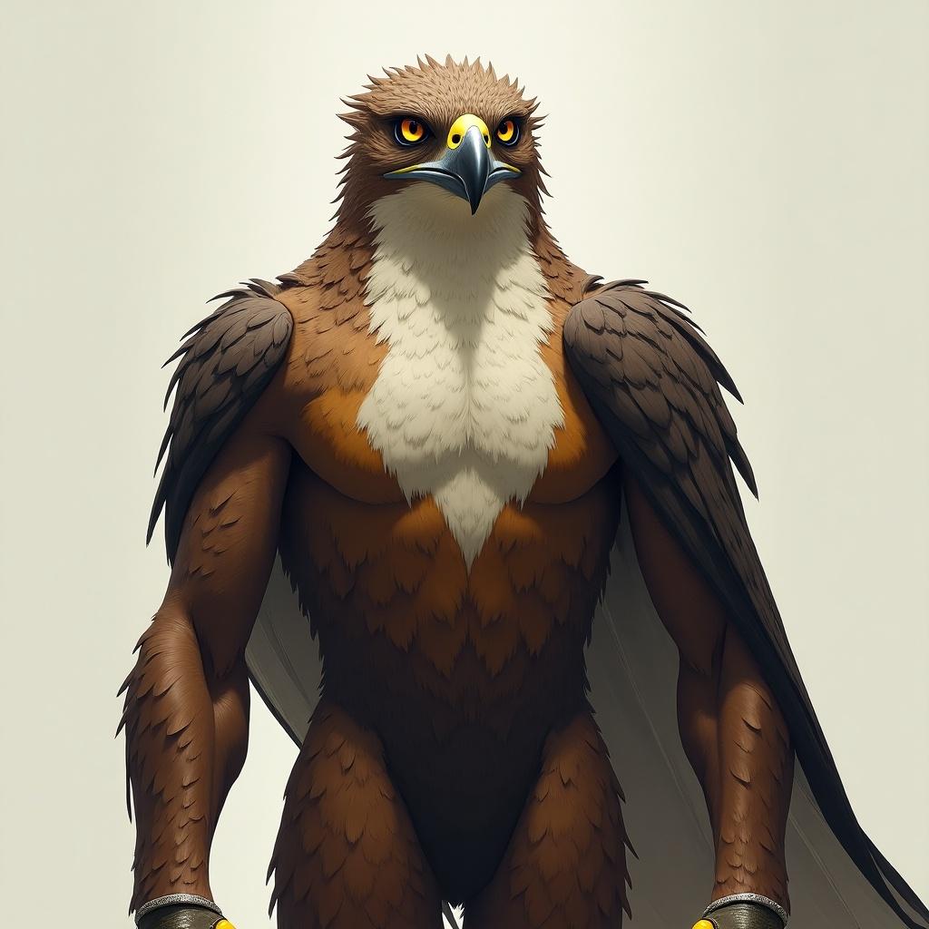 A creature combines hawk and humanoid features. It has sharp intelligent eyes. The creature stands upright elegantly. Its strong arms are covered in feathers with talon-like hands. The chest has both feathers and skin. The face features a hawk beak and human-like eyes.