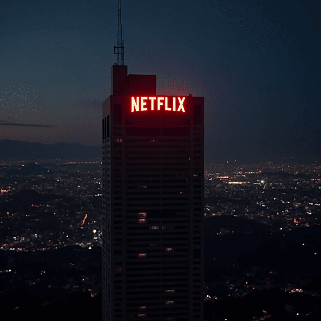 A tall tower with a bright red 'Netflix' sign is illuminated against a backdrop of city lights at dusk.