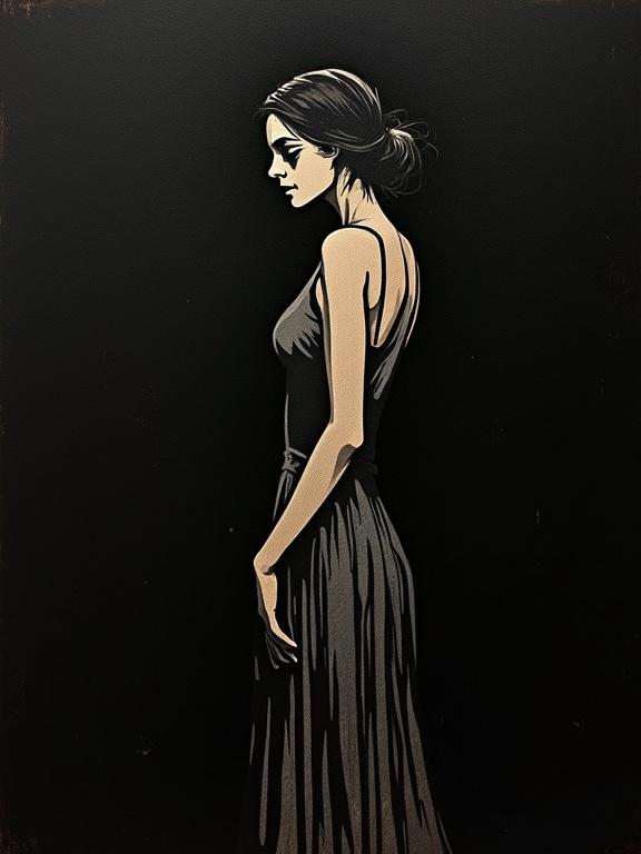 Digital oil painting of a woman's rough partial silhouette. Elegant and distant mood. Profile view with solid black background. Minimalist design.