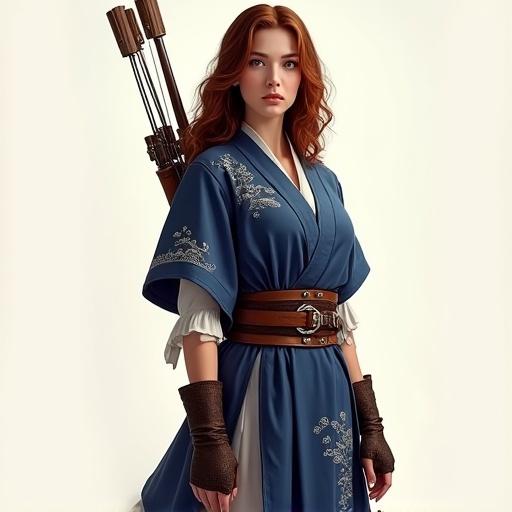 Full body view of a female fantasy scout named Clarisse. She has medium-length chestnut brown wavy hair and warm hazel eyes. She wears a kimono-inspired scout outfit with subtle silver embroidery. The outfit includes short sleeves and a fitted waist with a sash. She carries a longbow on her back and has a calm confident expression. Background is bright and neutral.