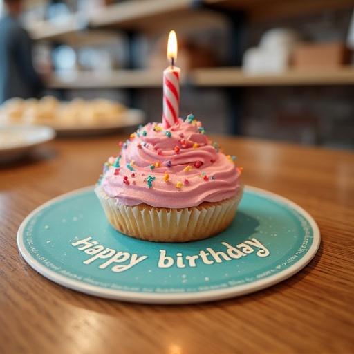 Cupcake with pink frosting on a mousepad that says happy birthday. A candle is lit on the cupcake. Bakery setting with a wooden counter.