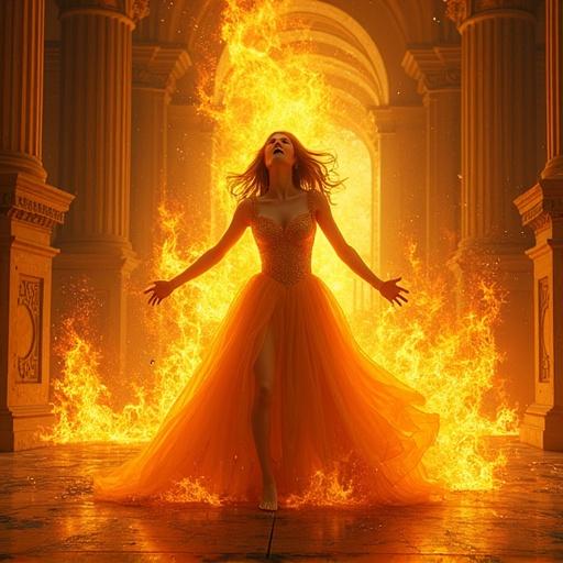Digital painting shows a grand hall on fire. The scene features a princess with a flowing golden dress engulfed in bright flames. Vivid chaos and a dramatic backdrop enhance the emotional impact. The style resembles Atey Ghailan.