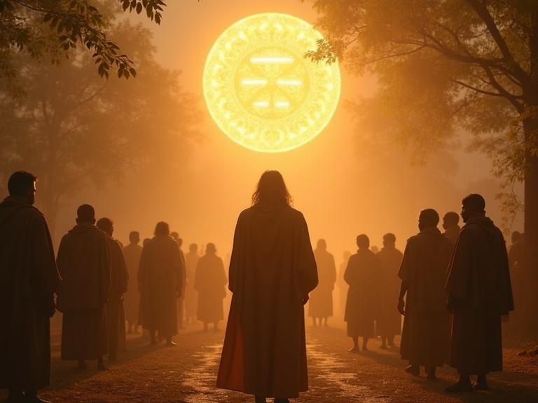 Enoch stands in a village. Glowing symbol floating above. Villagers look in awe. Symbolic style. Golden tones. 9:16 aspect ratio.