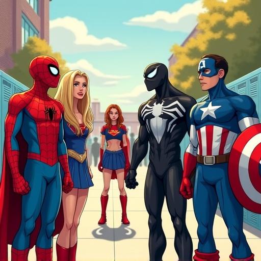 Digital illustration in comic book style of teenage superheroes in a schoolyard. Spiderman and Captain America surprised pointing at Supergirl. Supergirl confidently walking in the distance. She has blonde hair and a red cape. The mood is playful and curious.