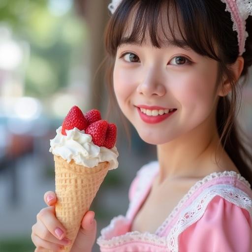 Close-up of a young woman in a pink maid costume holding strawberry ice cream cone. Features cute elements like white lace. The woman is smiling happily. Ice cream is topped with strawberries. Kawaii aesthetic is present.