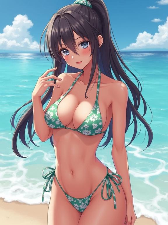 Anime character wearing a green bikini at the beach. Bright sunny day with the ocean in the background. Character standing confidently on the sand. Long hair tied back. Relaxed and cheerful atmosphere.