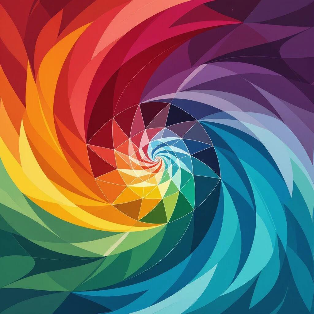 Abstract composition with swirling patterns using primary colors. Vibrant and dynamic colors blend smoothly. Geometric shapes create a spiral design.
