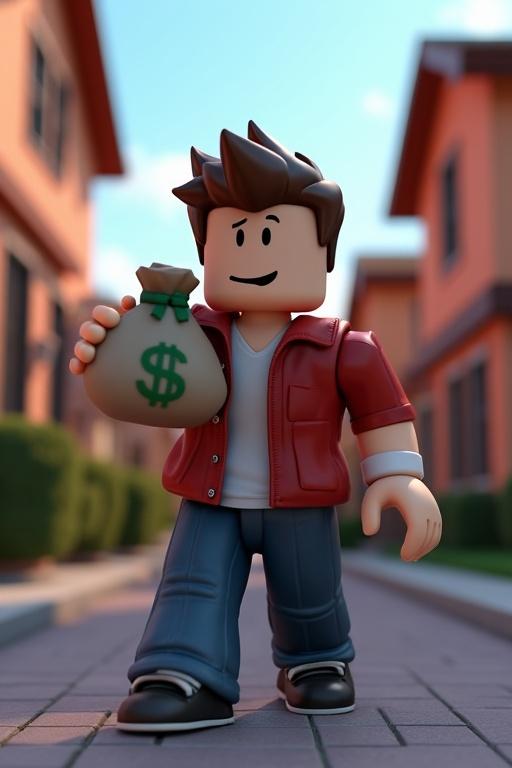 Roblox character displayed in a neighborhood setting. Character has a cheerful expression. Cash bag is clearly visible. Background features houses and greenery. Scene shows a playful atmosphere.