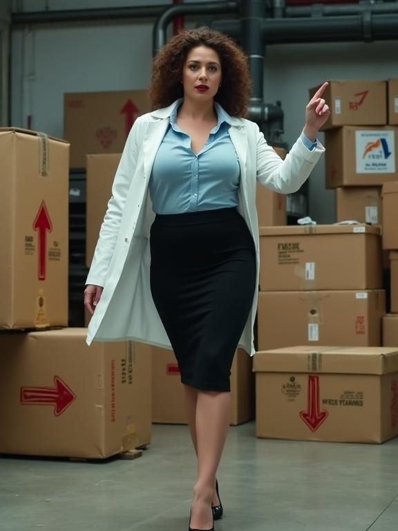 Photograph of a confident woman in a lab coat and pencil skirt standing in a cluttered warehouse among large cardboard boxes. Her right hand is extended forward while her left hand points to the right. She has dark lipstick and a confident expression. The background features industrial elements like pipes and signage with red arrows. The overall color palette includes shades of blue, black, white and brown.