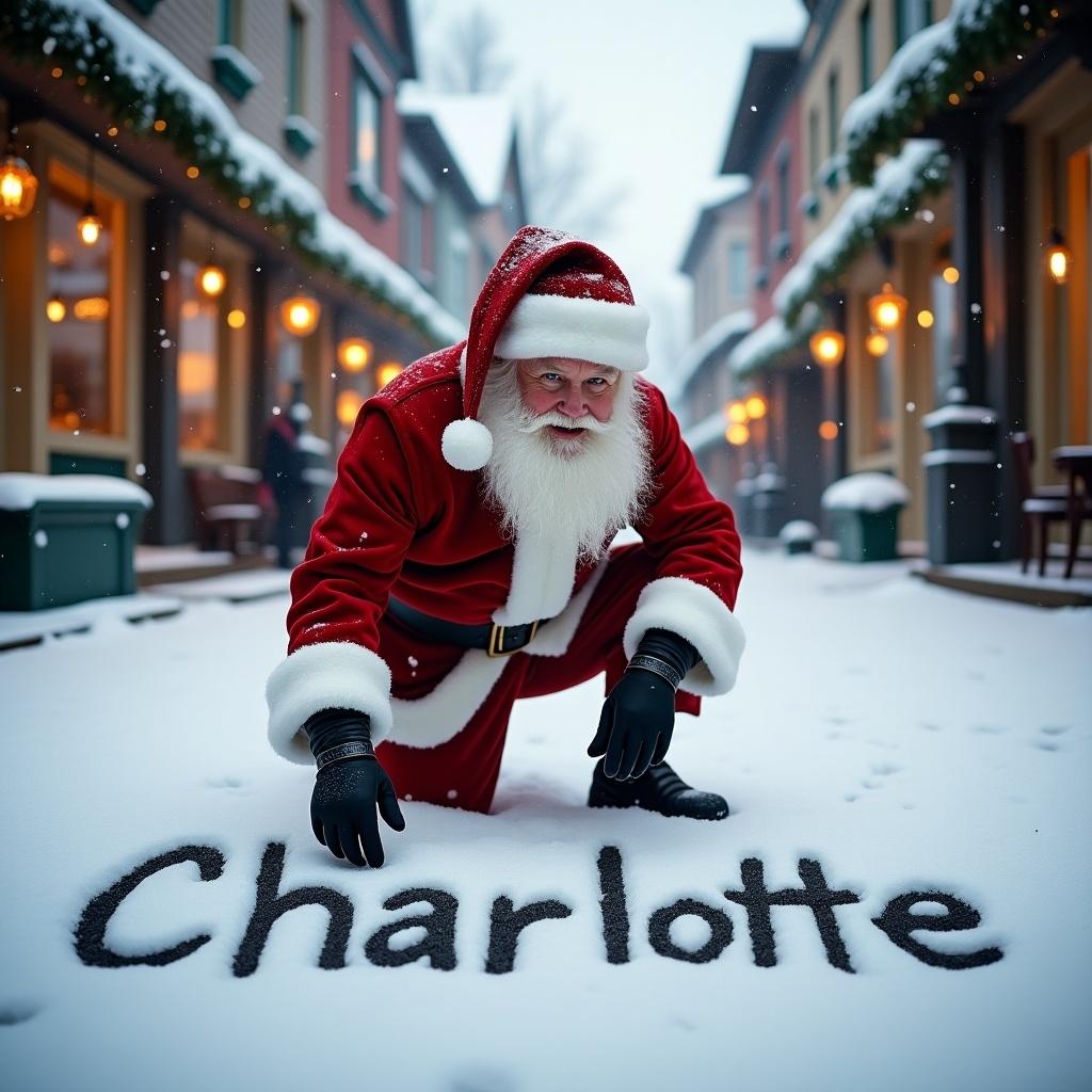 Image shows Santa Claus writing the name Charlotte in the snow. Santa wears traditional red and white attire. The street is decorated with charming buildings and snow. Soft light creates a warm glow. Mood is cheerful and festive.