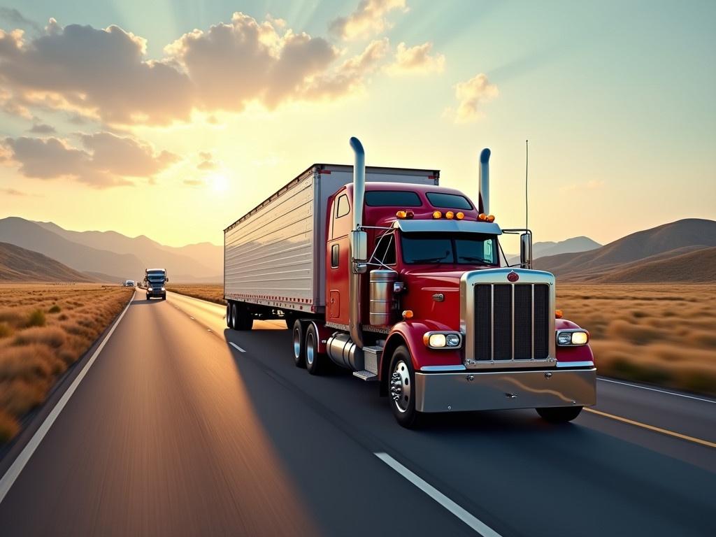 A powerful American-style truck is driving on a freeway, pulling a large load in its trailer. The scene captures the essence of the transportation theme, showcasing the truck as the central figure on the open road. Surrounding it are smaller road cars, adding to the dynamic movement of traffic in this expansive landscape. The backdrop features rolling hills under a beautiful sky, enhancing the feeling of freedom and adventure associated with long-haul trucking. This image reflects the spirit of the road and the significance of transportation in America.