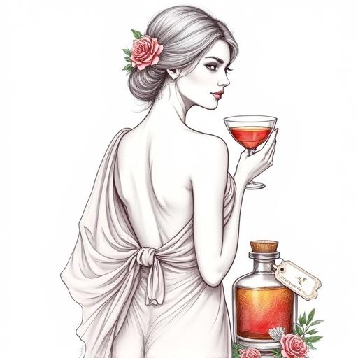 Highly detailed line art of a beautiful topless venus goddess offering a toast with a cocktail glass. She is wrapped in translucent silk, flowers in hair, looking over her shoulder. A glowing apothecary bottle with the name 'ALFRUNO' sits nearby, surrounded by roses and herbs.