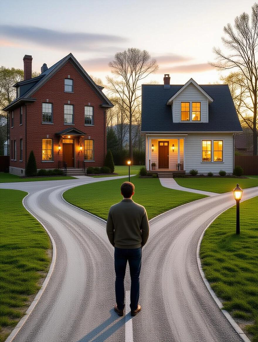 Person standing at a crossroads with two paths. One path leads to a traditional office building. The other leads to a home with warm lights. Natural lighting enhances the scene. The composition is symbolic and photorealistic. It captures choices in a professional context.